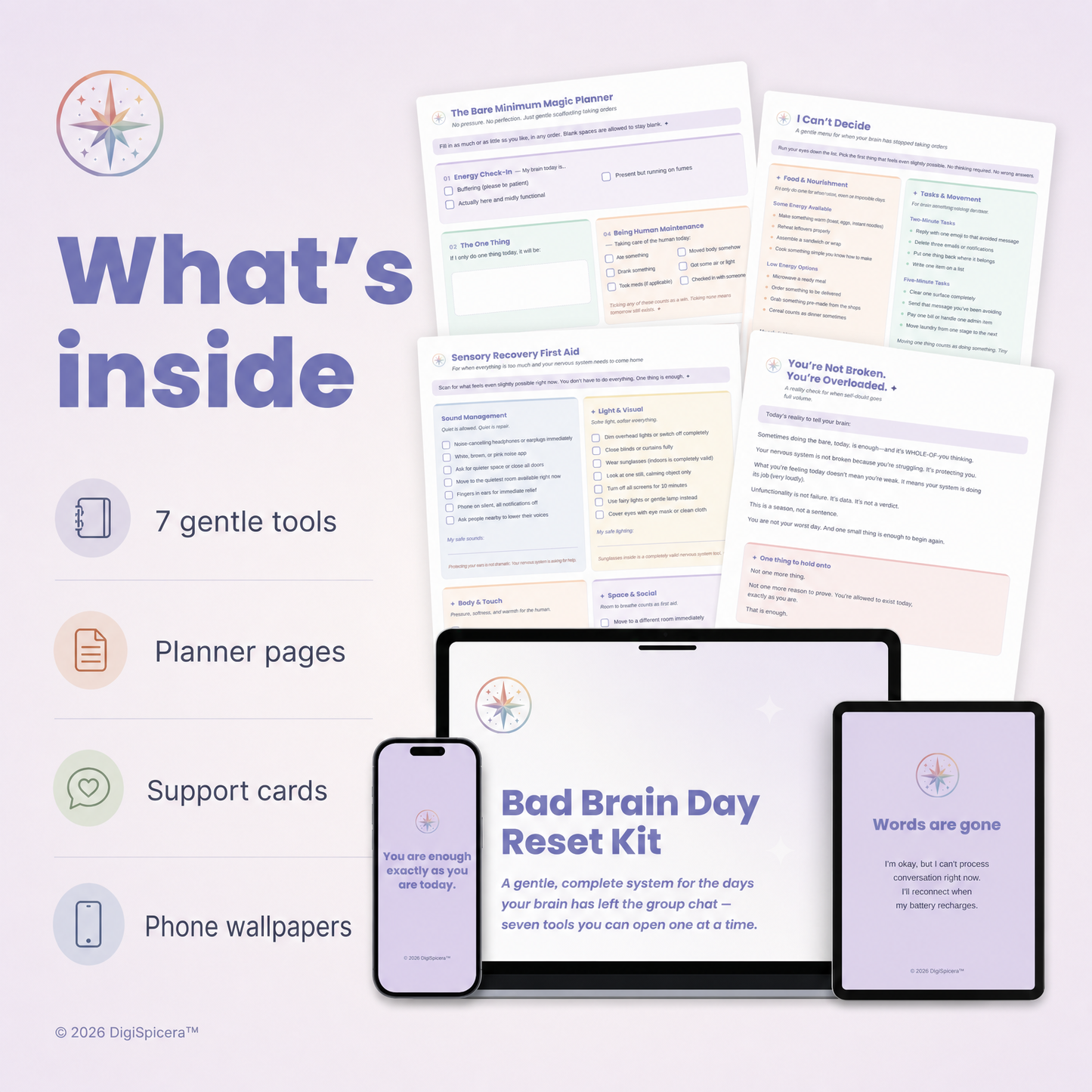 Overview of what's included in the Bad Brain Day Reset Kit: Navigator, planner, micro-task cards, decision menu, and more