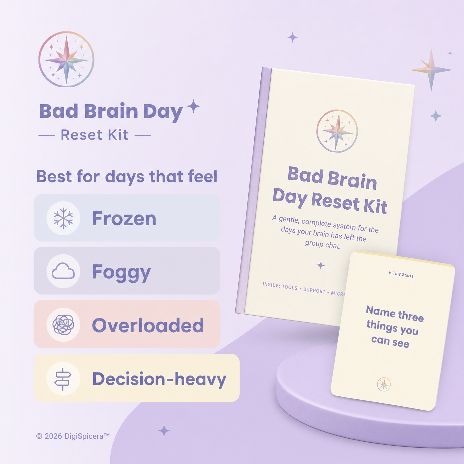 Illustration showing who the Bad Brain Day Reset Kit is best suited for 
overwhelmed, burnt-out, or 
shut-down brain days 